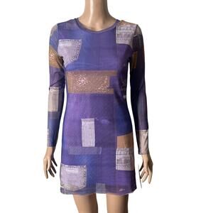 Truce Girls Dress XL (16) Purple Patchwork Denim Print Mesh Long Sleeve Mini
